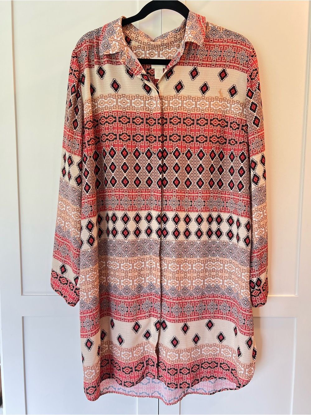 Chico’s Boho Aztec Button Down‎ Tunic Shirt Dress Coral & Cream Long Sleeve XL